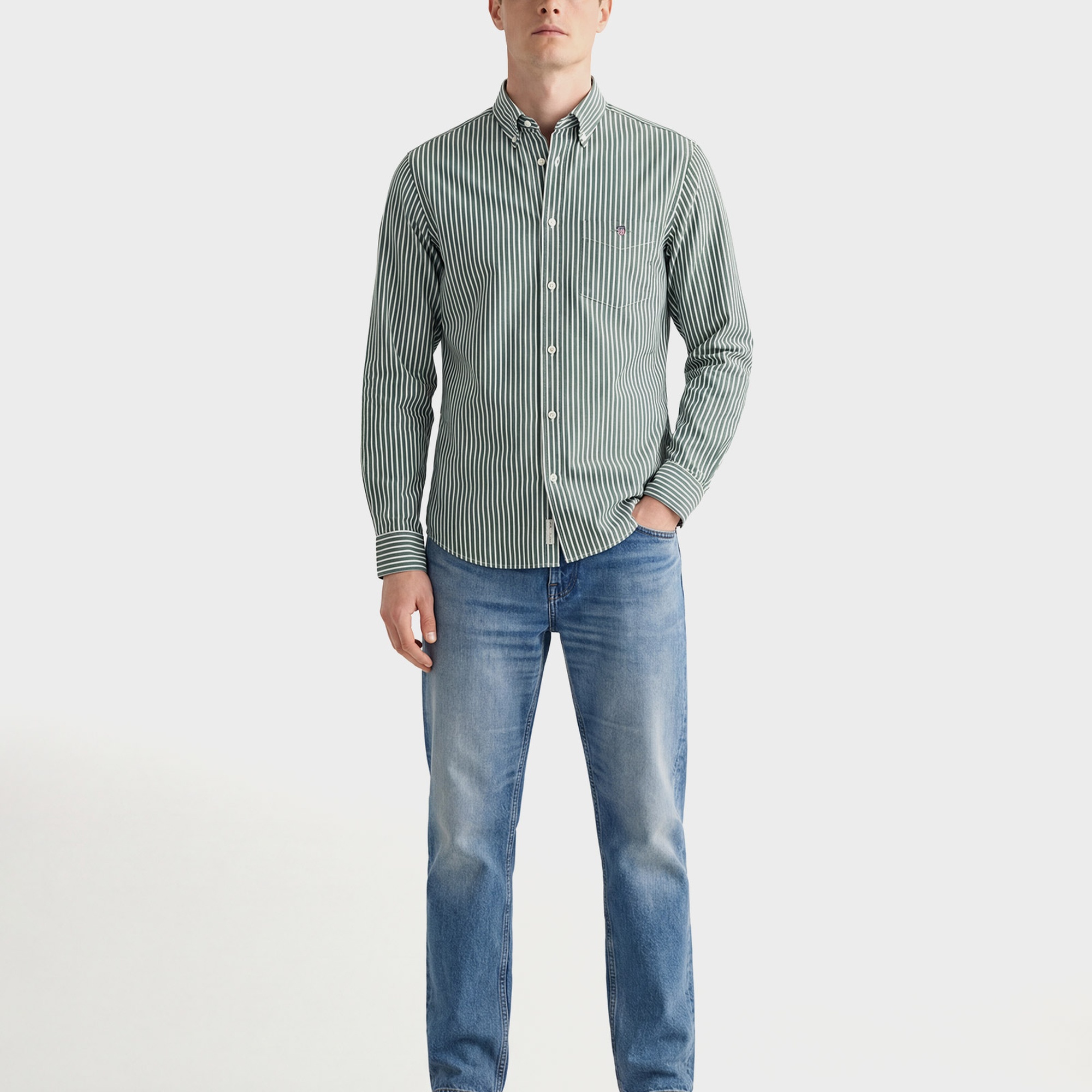 GANT Erkek Yeşil Regular Fit Düğmeli Yaka Çizgili Poplin Gömlek