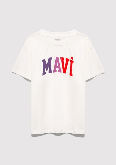  Mavi Mavi Logo Baskılı Ekru Tişört Loose Fit / Bol Rahat Kesim 7610425-70057