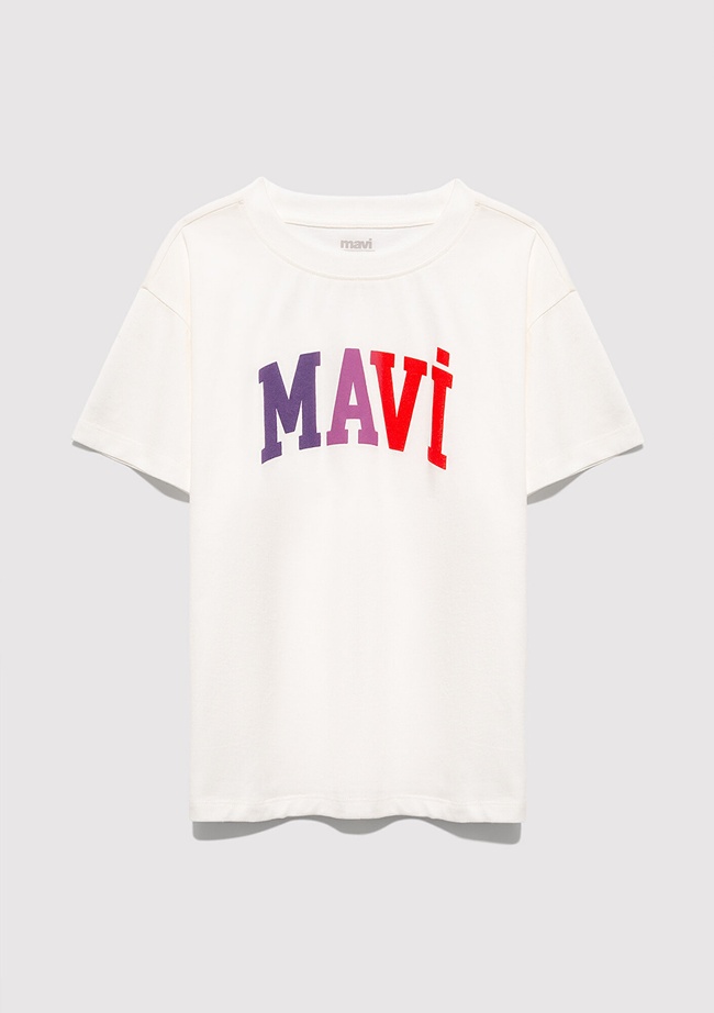  Mavi Mavi Logo Baskılı Ekru Tişört Loose Fit / Bol Rahat Kesim 7610425-70057