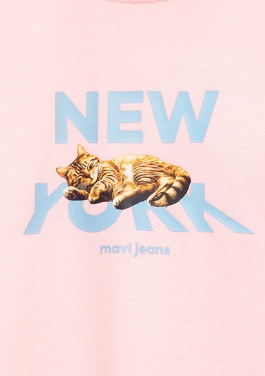  Mavi Baskılı Pembe Tişört Loose Fit / Bol Rahat Kesim 7610402-71007