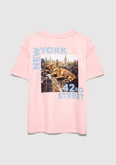  Mavi Baskılı Pembe Tişört Loose Fit / Bol Rahat Kesim 7610402-71007