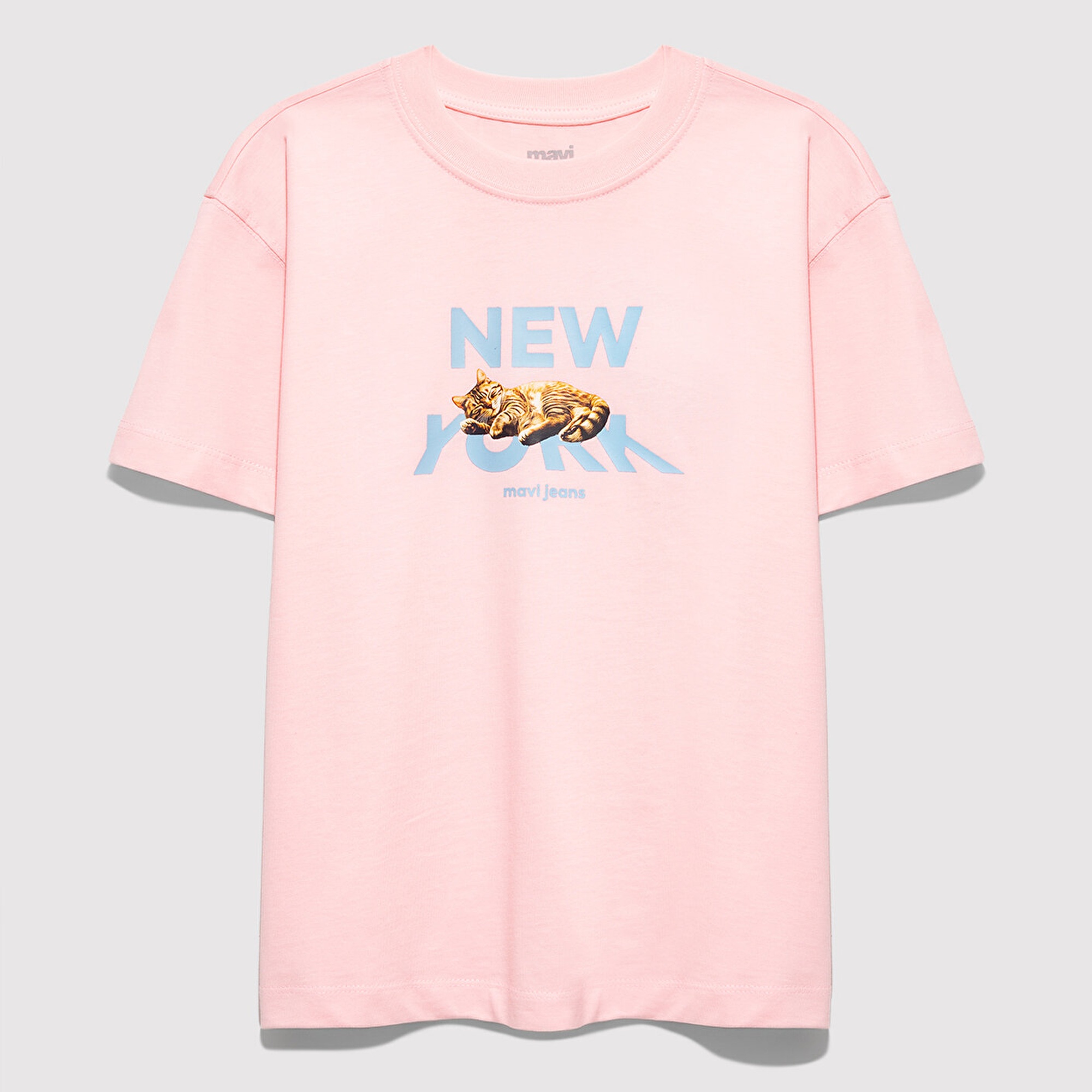 Mavi Baskılı Pembe Tişört Loose Fit / Bol Rahat Kesim 7610402-71007