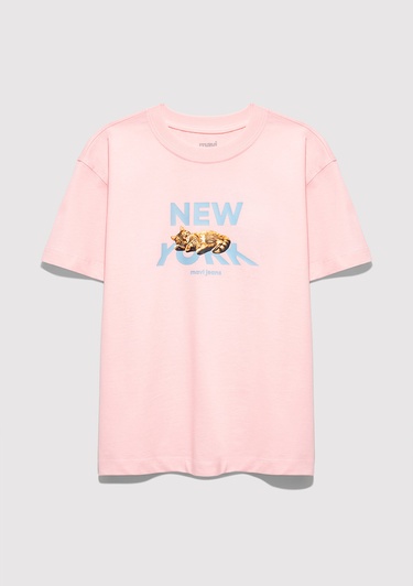  Mavi Baskılı Pembe Tişört Loose Fit / Bol Rahat Kesim 7610402-71007