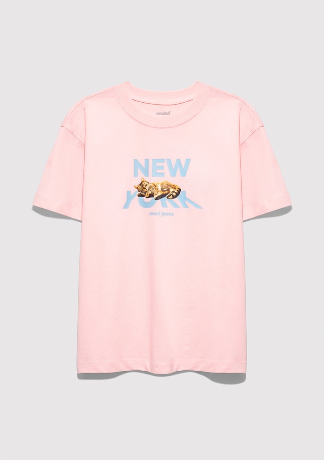  Mavi Baskılı Pembe Tişört Loose Fit / Bol Rahat Kesim 7610402-71007