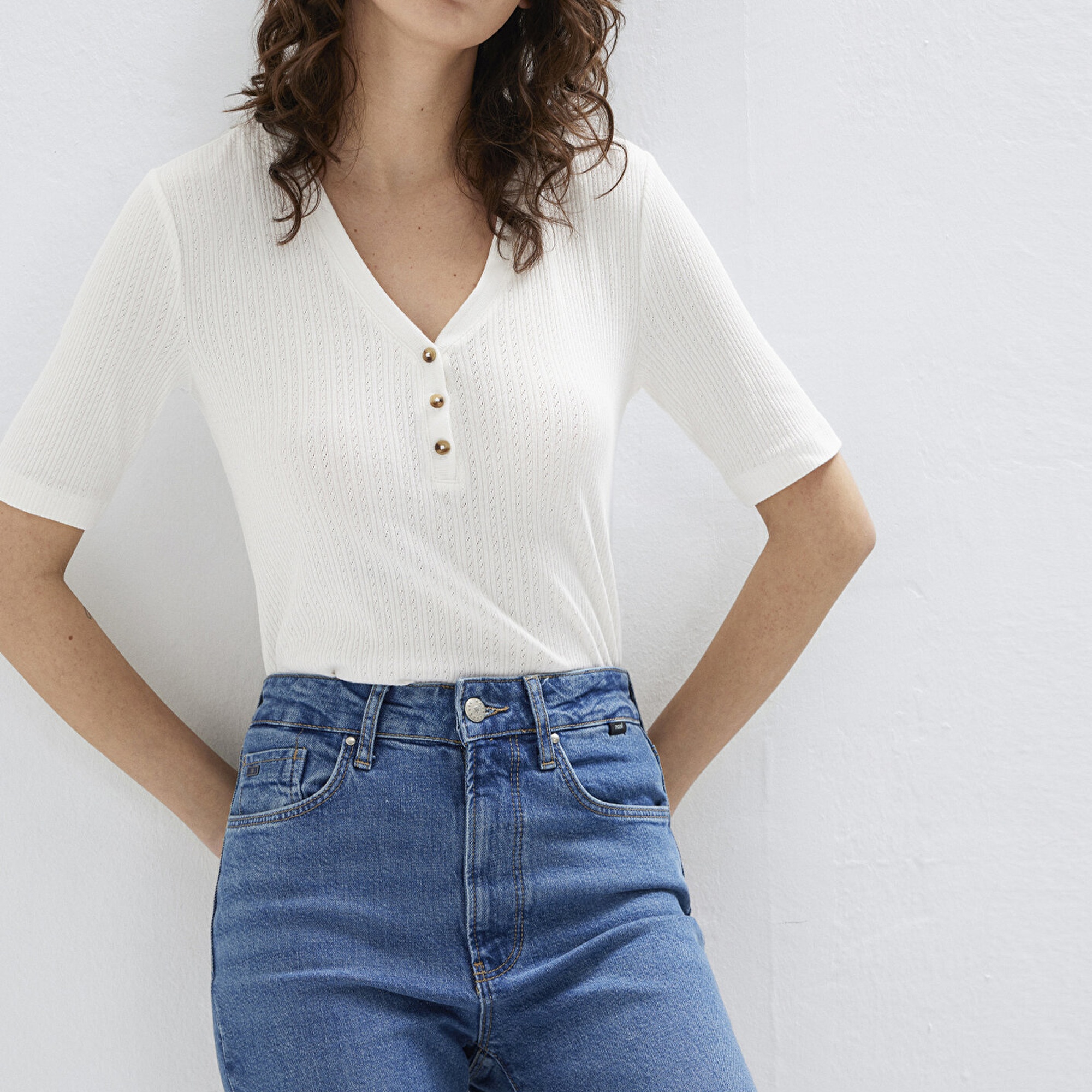 Mavi Ekru Tişört Fitted / Vücuda Oturan Kesim 1613761-70057