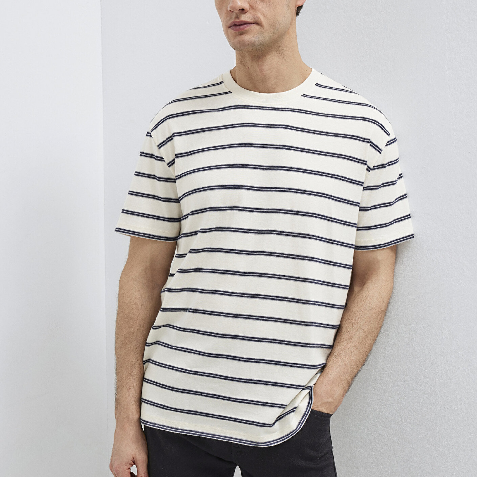 Mavi Çizgili Tişört Loose Fit / Bol Rahat Kesim 0613138-70057