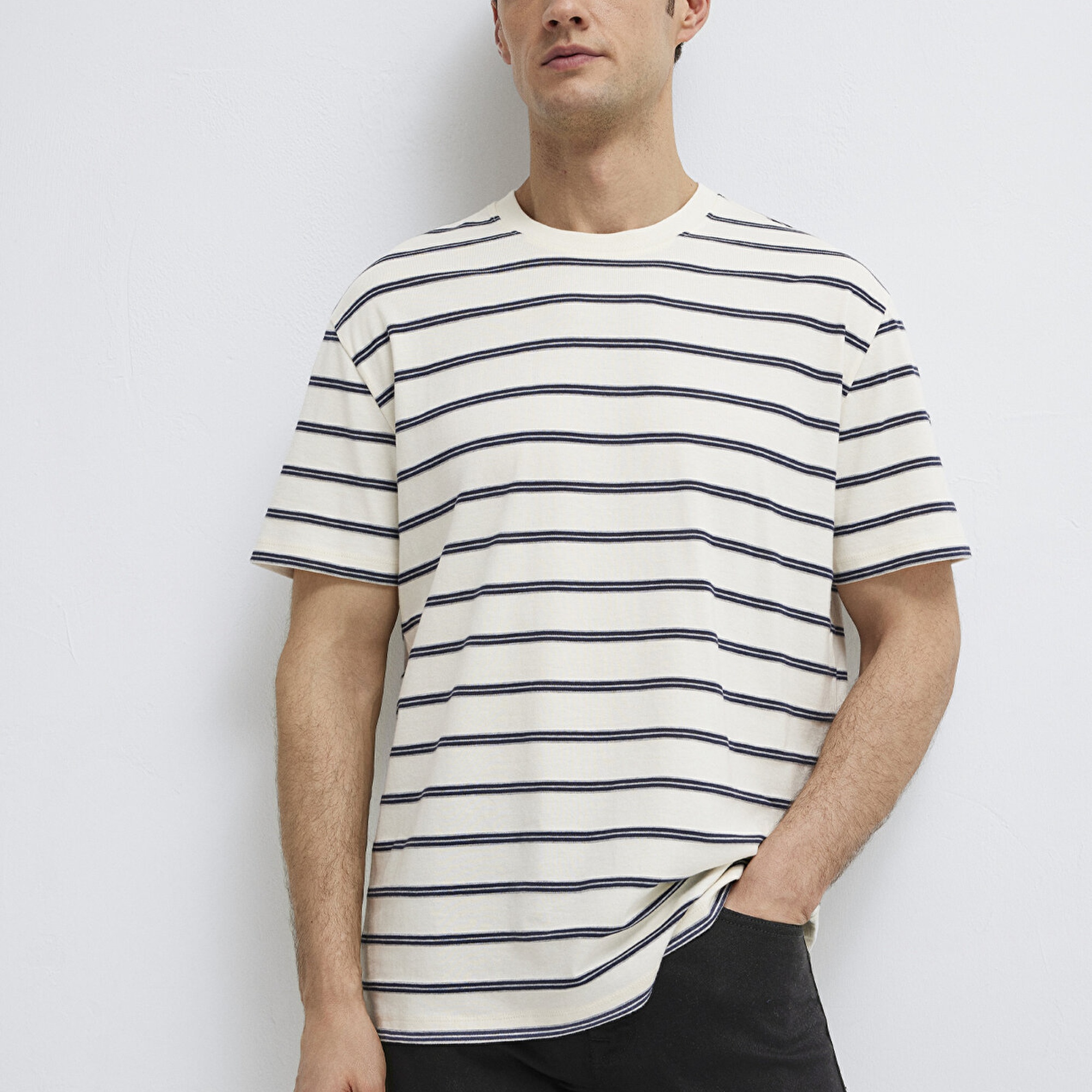 Mavi Çizgili Tişört Loose Fit / Bol Rahat Kesim 0613138-70057