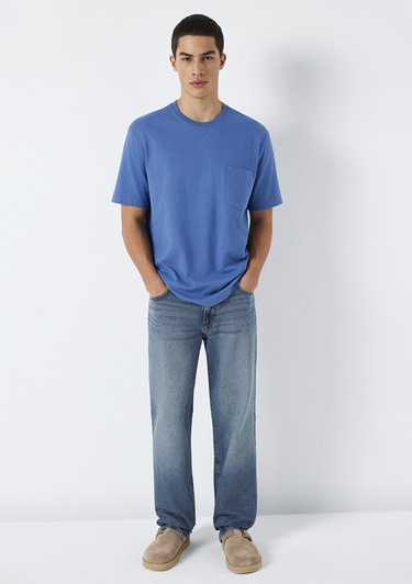  Mavi Cep Detaylı Mavi Basic Tişört Loose Fit / Bol Rahat Kesim 066248-70719