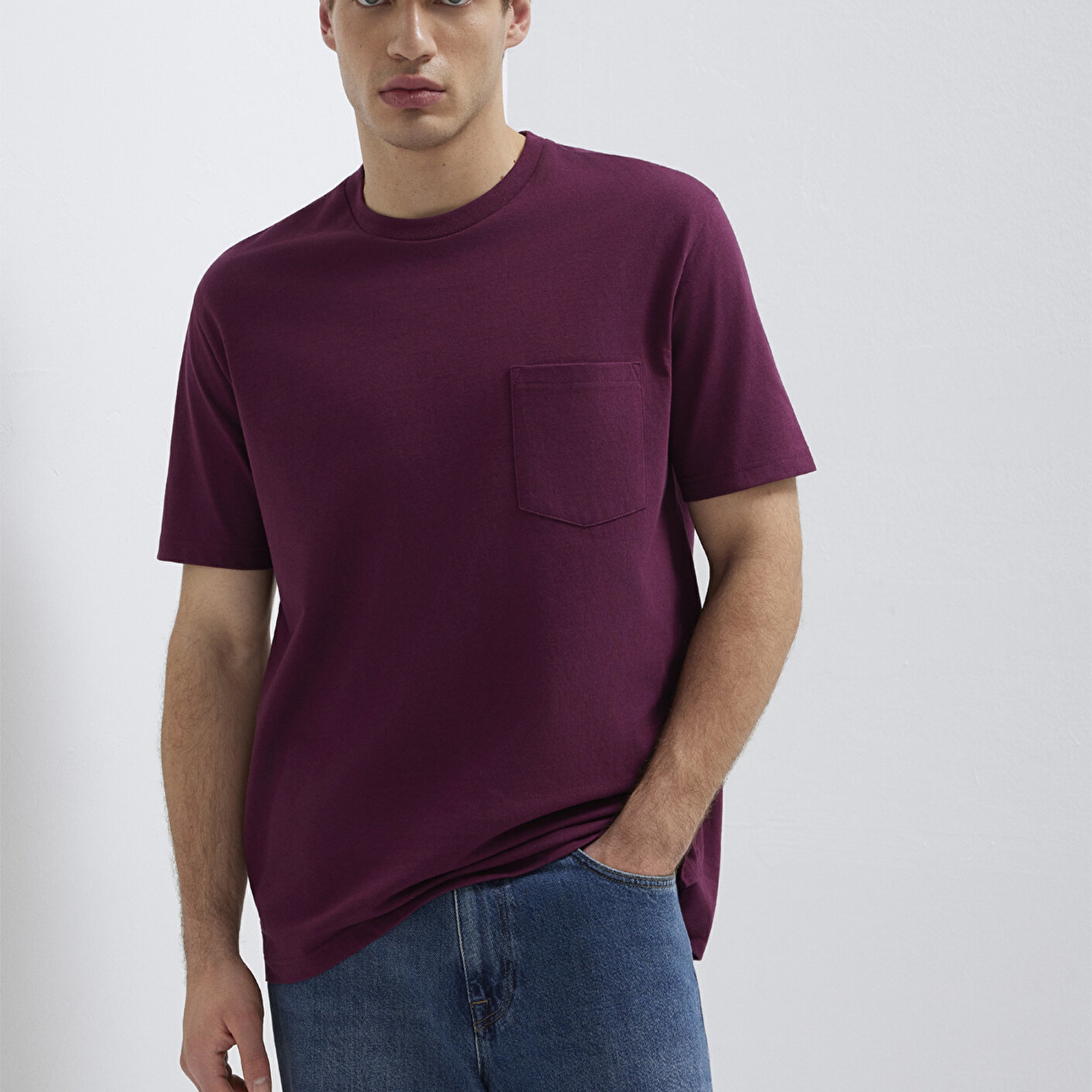 Mavi Cep Detaylı Mor Basic Tişört Loose Fit / Bol Rahat Kesim 066248-70670