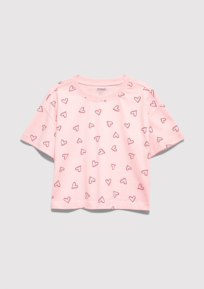  Mavi Baskılı Pembe Tişört Loose Fit / Bol Rahat Kesim 7610400-71007