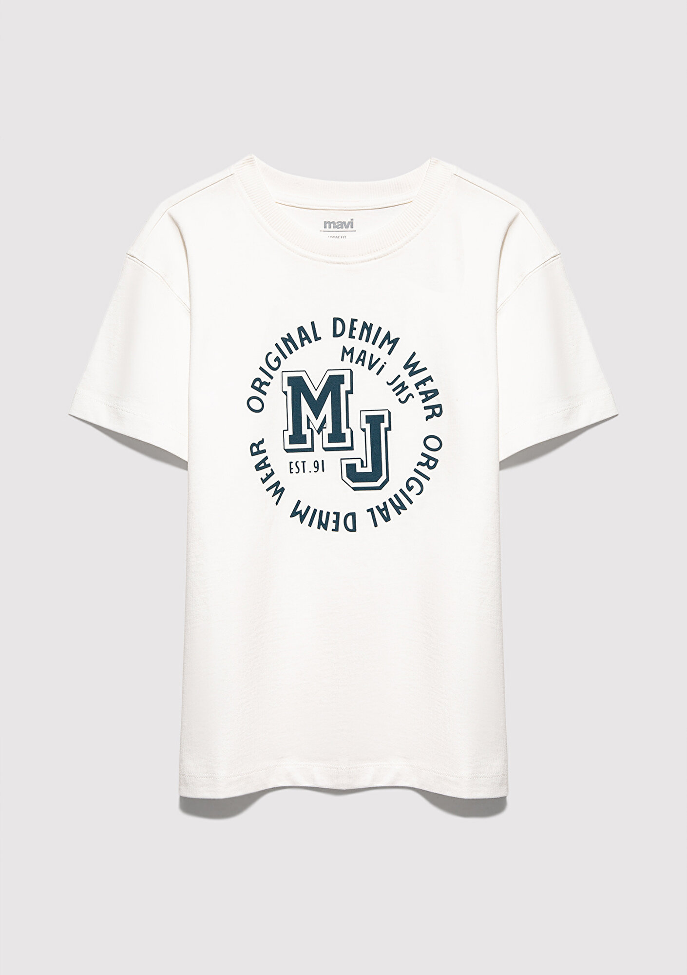 Mavi MJ Logo Baskılı Ekru Tişört Loose Fit / Bol Rahat Kesim 6610395-70057