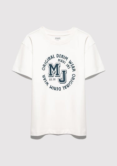  Mavi MJ Logo Baskılı Ekru Tişört Loose Fit / Bol Rahat Kesim 6610395-70057