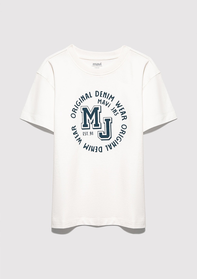  Mavi MJ Logo Baskılı Ekru Tişört Loose Fit / Bol Rahat Kesim 6610395-70057