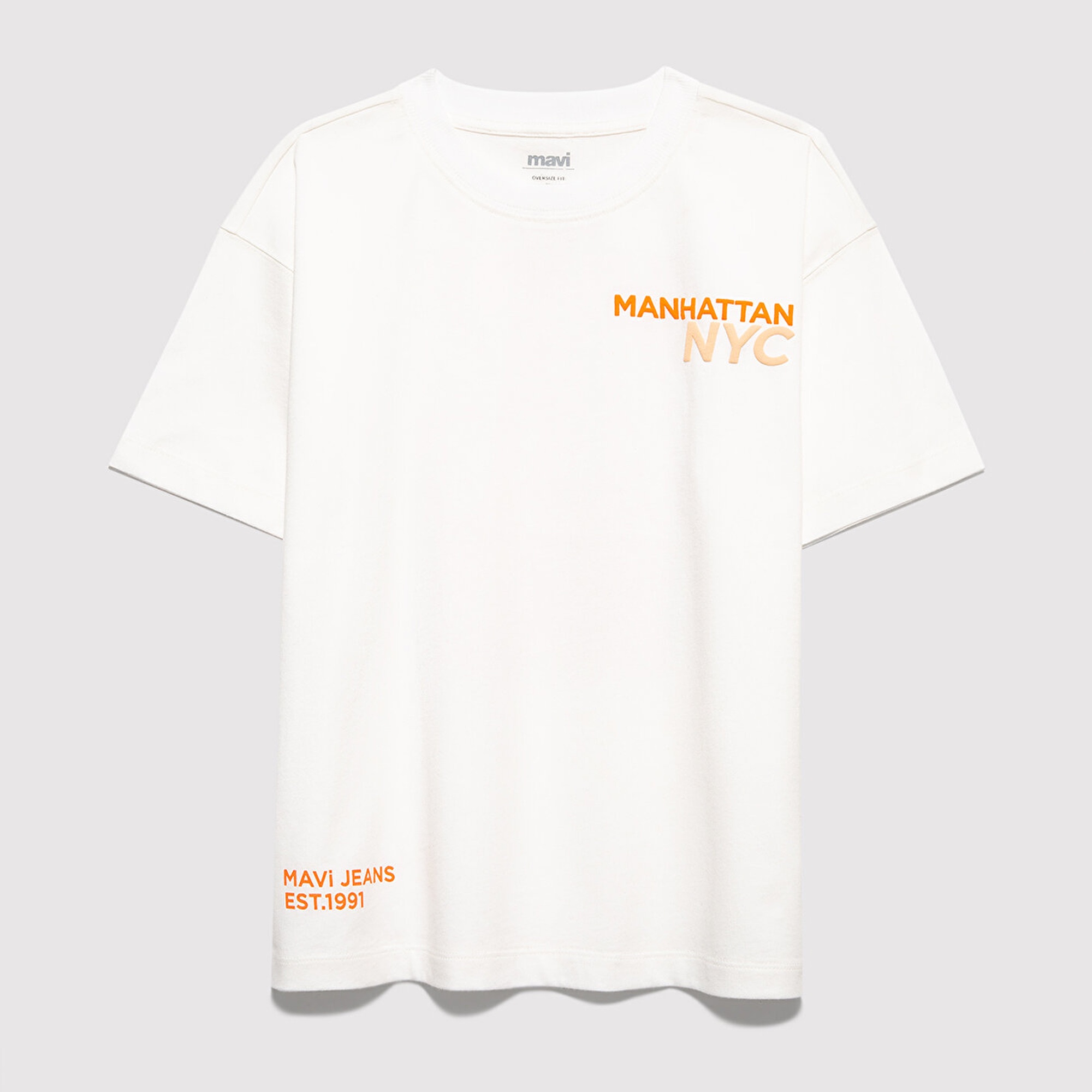 Mavi Baskılı Ekru Tişört Oversize / Geniş Kesim 6610408-70057