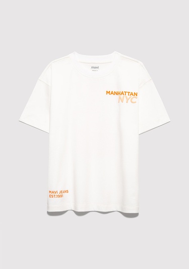  Mavi Baskılı Ekru Tişört Oversize / Geniş Kesim 6610408-70057