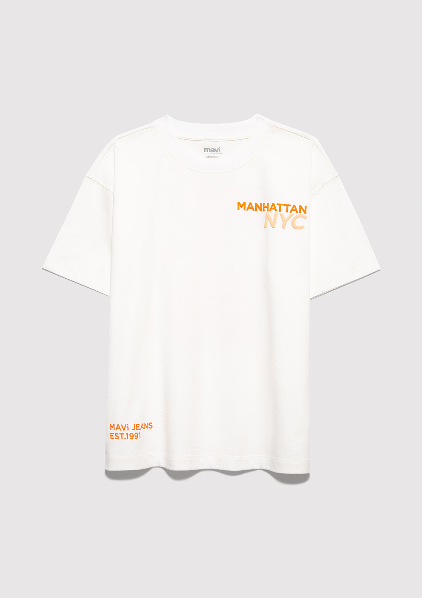  Mavi Baskılı Ekru Tişört Oversize / Geniş Kesim 6610408-70057