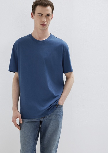  Mavi Etiket Detaylı Mavi Basic Tişört Loose Fit / Bol Rahat Kesim 0611824-90609