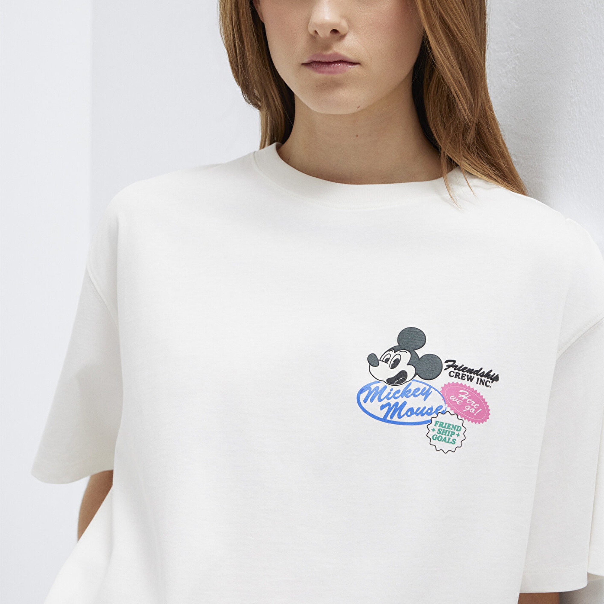 Mavi Mickey Mouse Baskılı Ekru Tişört Oversize / Geniş Kesim 1614039-70057