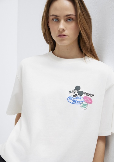  Mavi Mickey Mouse Baskılı Ekru Tişört Oversize / Geniş Kesim 1614039-70057