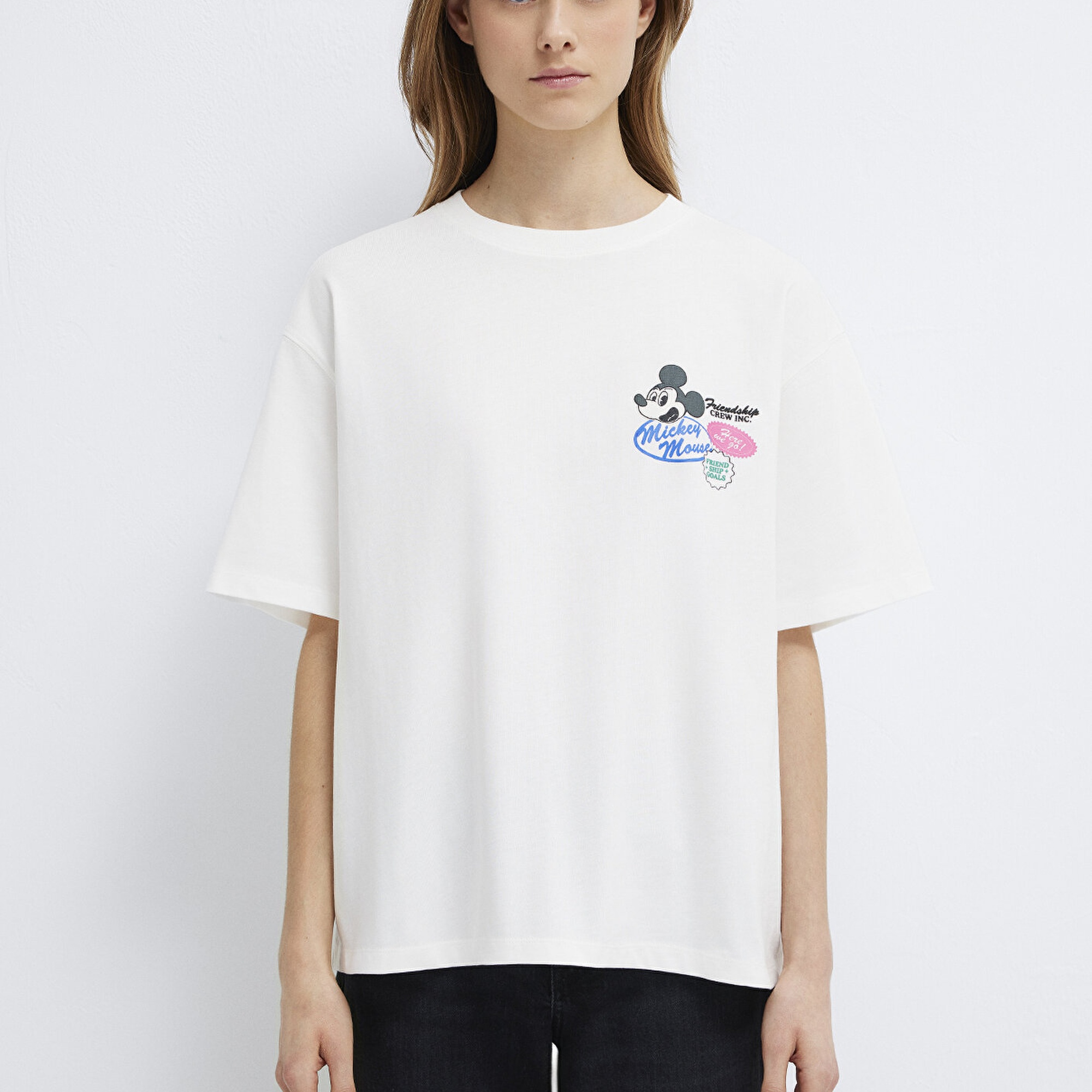 Mavi Mickey Mouse Baskılı Ekru Tişört Oversize / Geniş Kesim 1614039-70057