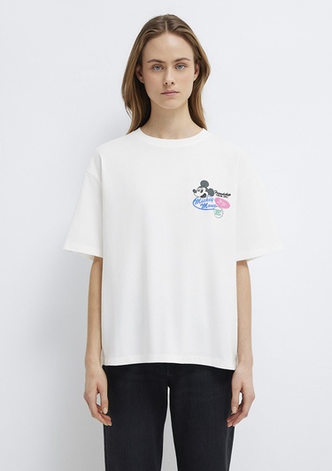  Mavi Mickey Mouse Baskılı Ekru Tişört Oversize / Geniş Kesim 1614039-70057