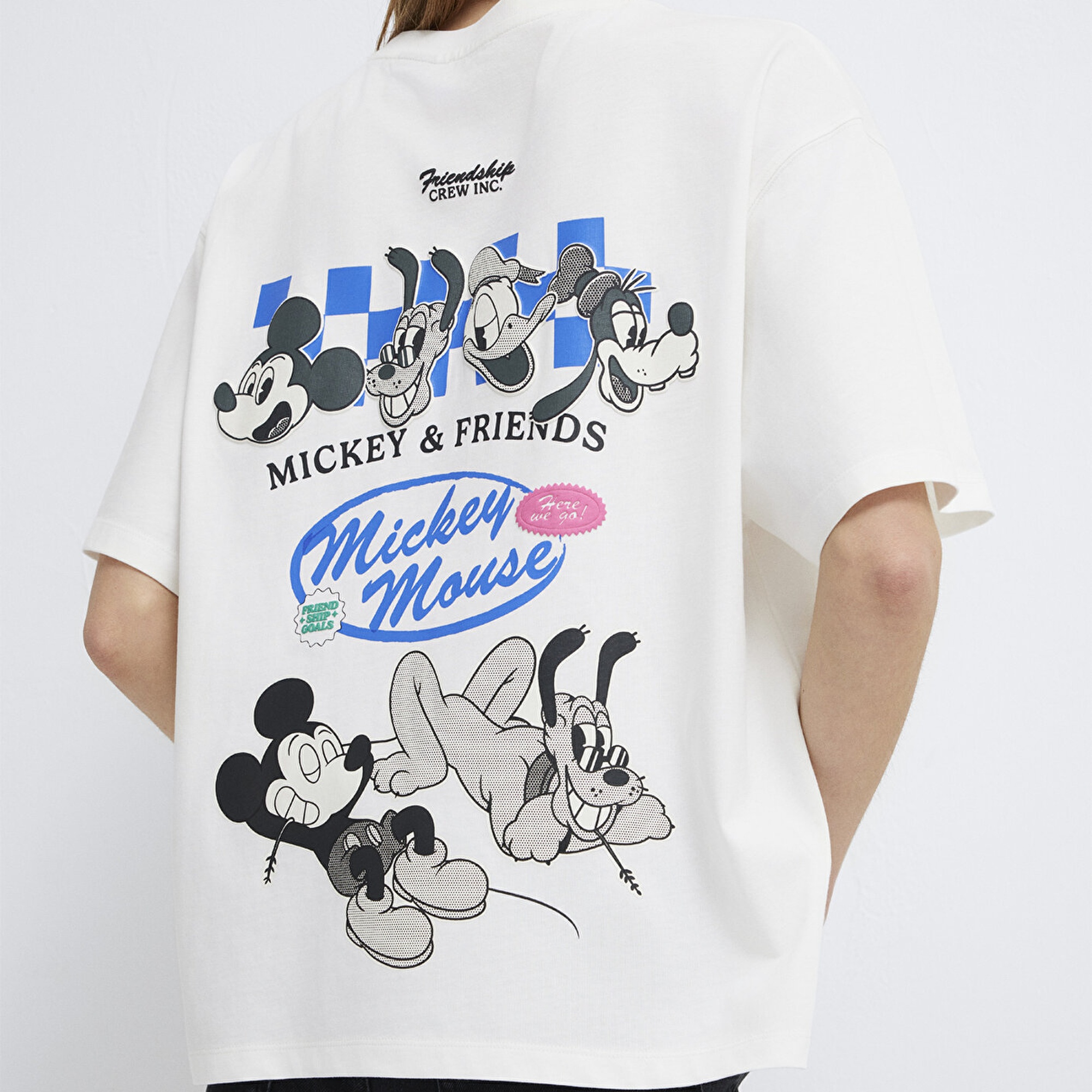 Mavi Mickey Mouse Baskılı Ekru Tişört Oversize / Geniş Kesim 1614039-70057