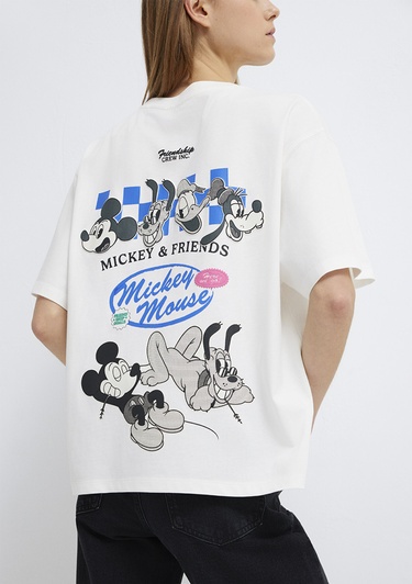  Mavi Mickey Mouse Baskılı Ekru Tişört Oversize / Geniş Kesim 1614039-70057