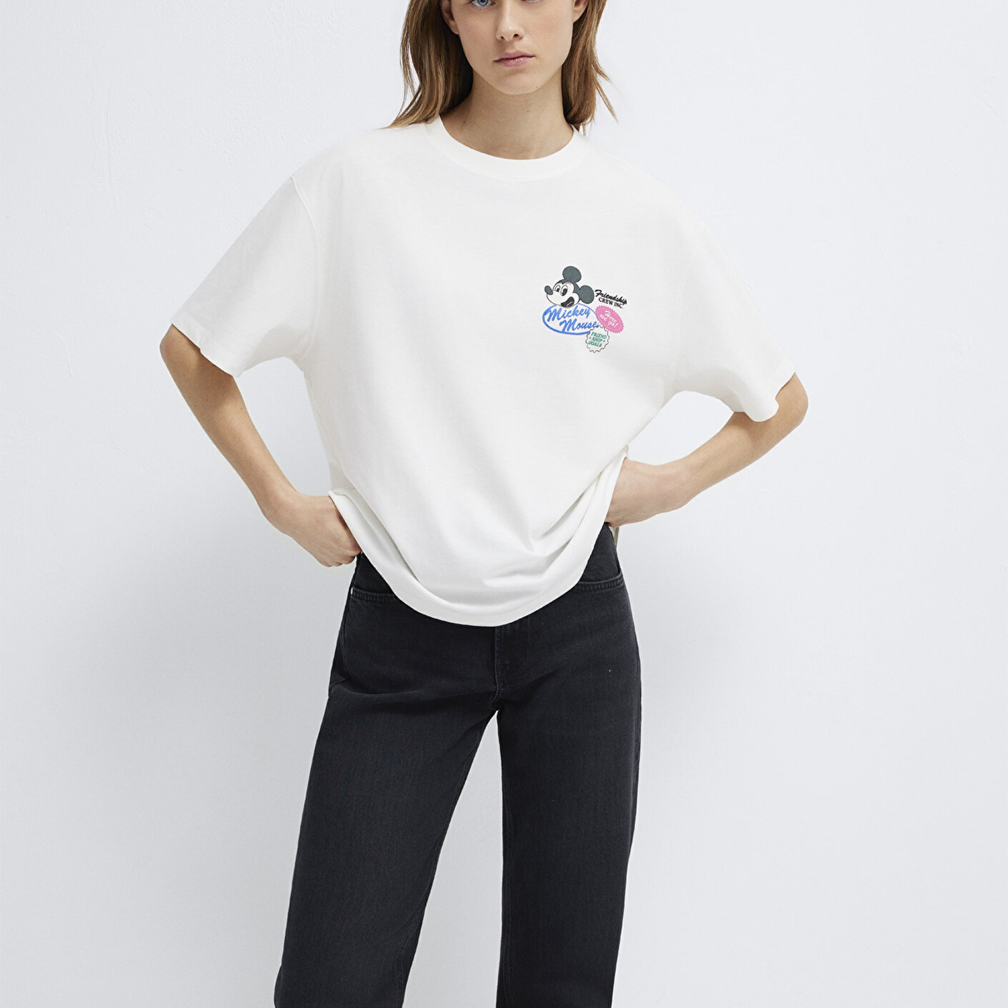 Mavi Mickey Mouse Baskılı Ekru Tişört Oversize / Geniş Kesim 1614039-70057