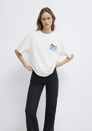  Mavi Mickey Mouse Baskılı Ekru Tişört Oversize / Geniş Kesim 1614039-70057