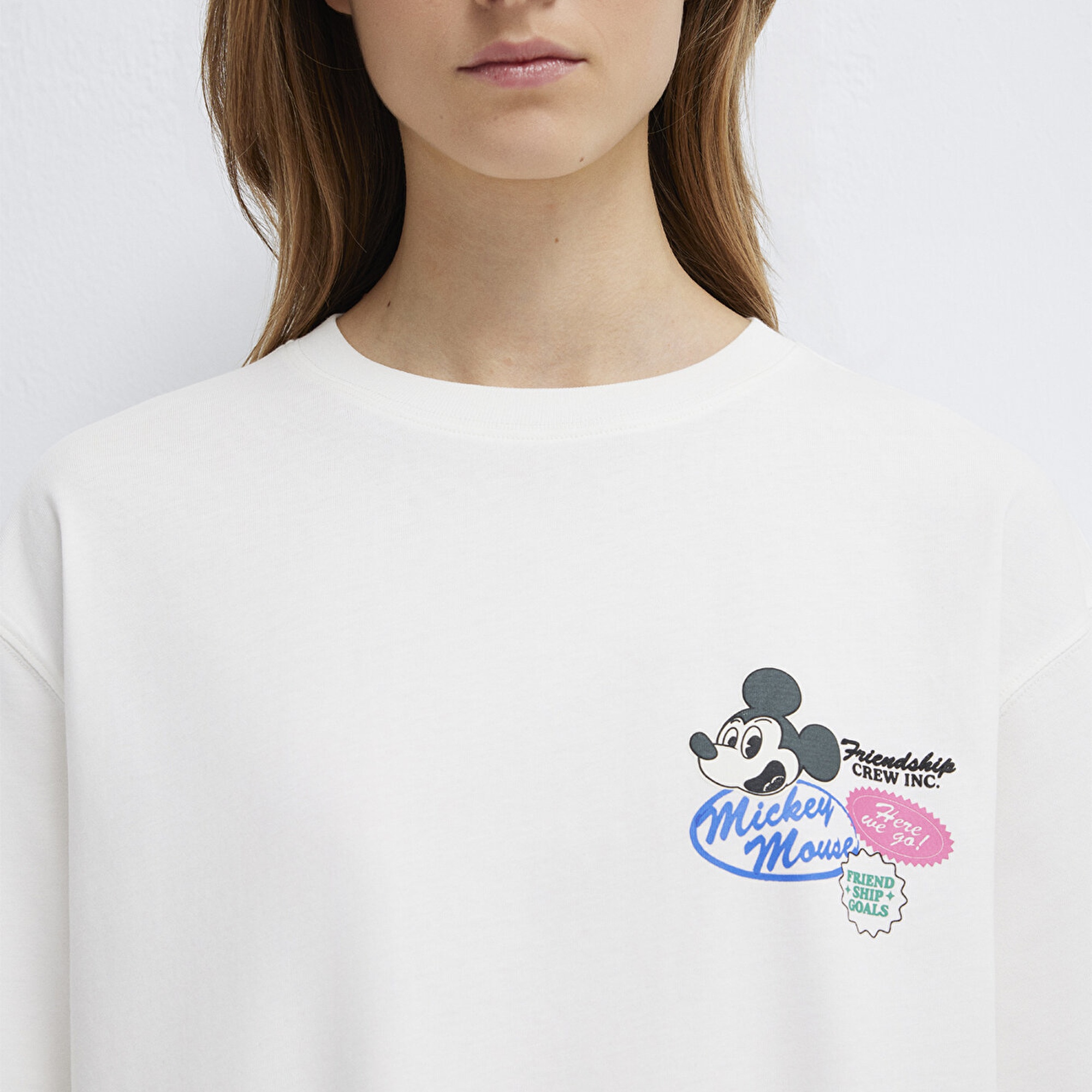 Mavi Mickey Mouse Baskılı Ekru Tişört Oversize / Geniş Kesim 1614039-70057