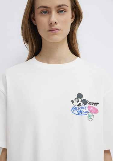  Mavi Mickey Mouse Baskılı Ekru Tişört Oversize / Geniş Kesim 1614039-70057