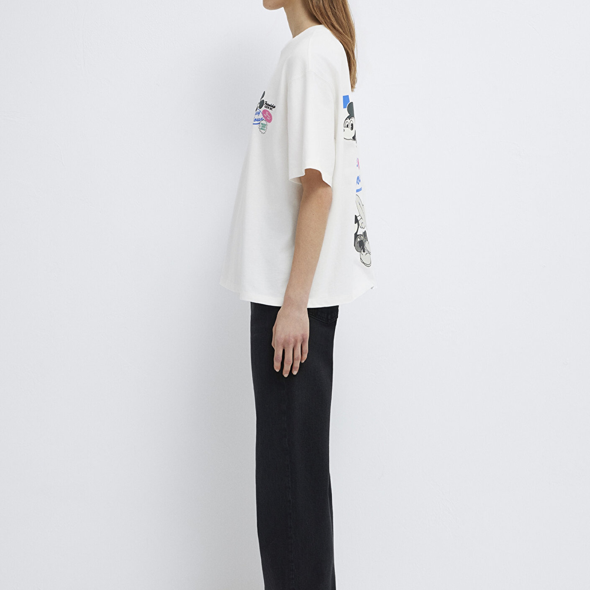 Mavi Mickey Mouse Baskılı Ekru Tişört Oversize / Geniş Kesim 1614039-70057