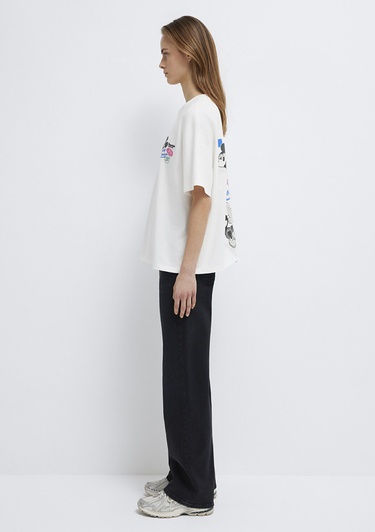  Mavi Mickey Mouse Baskılı Ekru Tişört Oversize / Geniş Kesim 1614039-70057