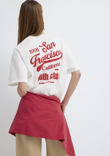  Mavi BaskılıEkru Tişört Oversize / Geniş Kesim 1613862-70057