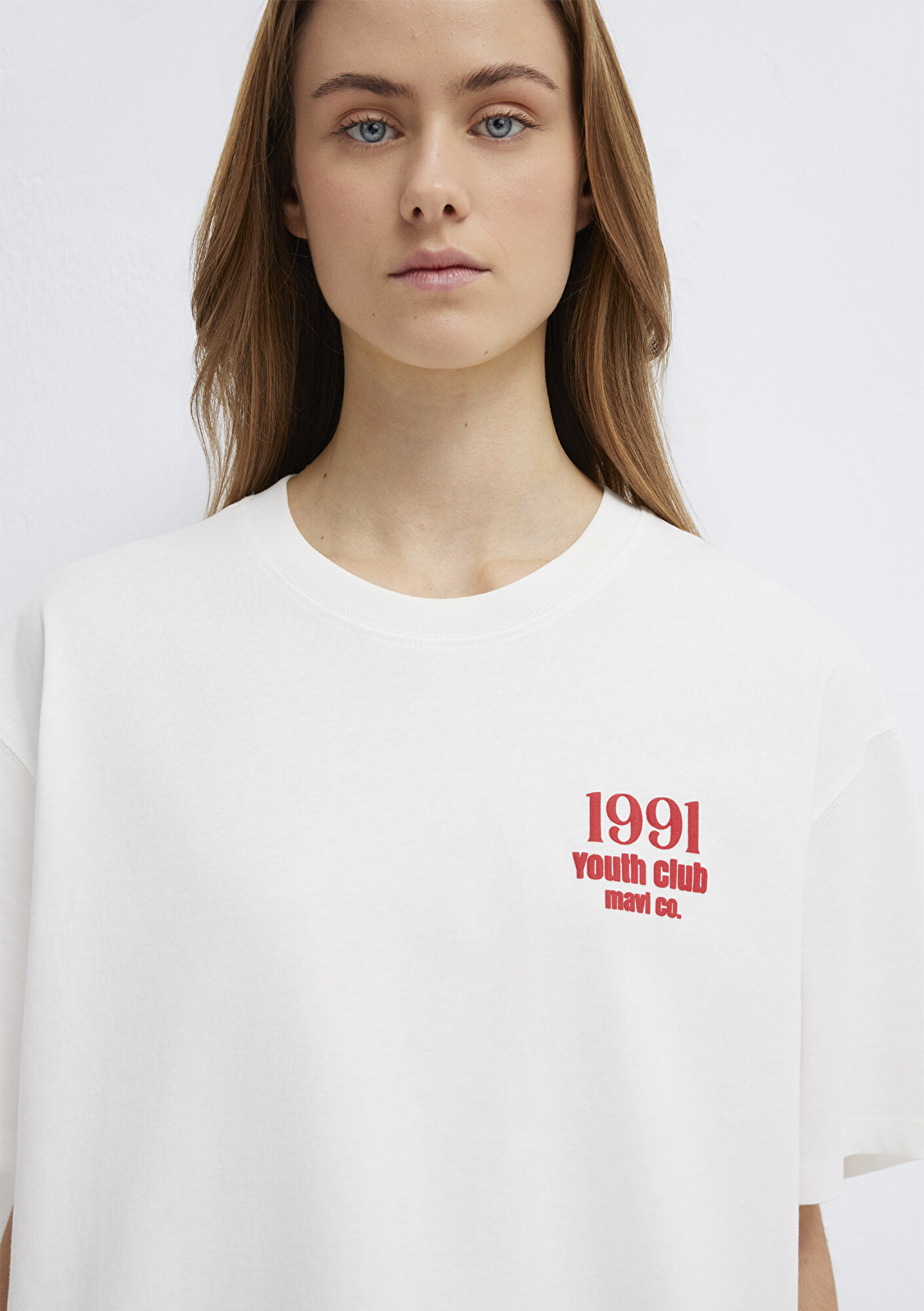  Mavi BaskılıEkru Tişört Oversize / Geniş Kesim 1613862-70057