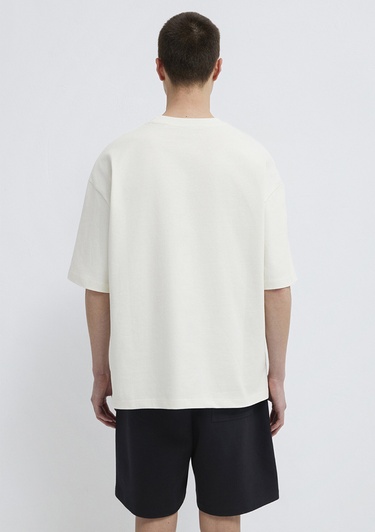  Mavi Silikon Logo Baskılı Ekru Basic Tişört Oversize / Geniş Kesim 0613188-71610