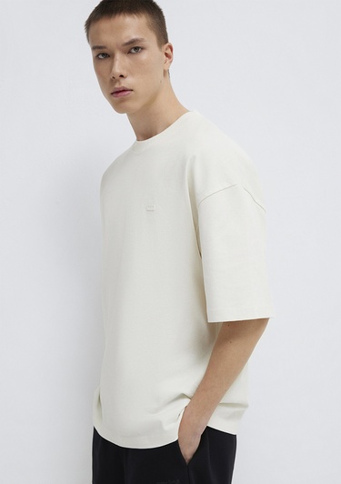  Mavi Silikon Logo Baskılı Ekru Basic Tişört Oversize / Geniş Kesim 0613188-71610