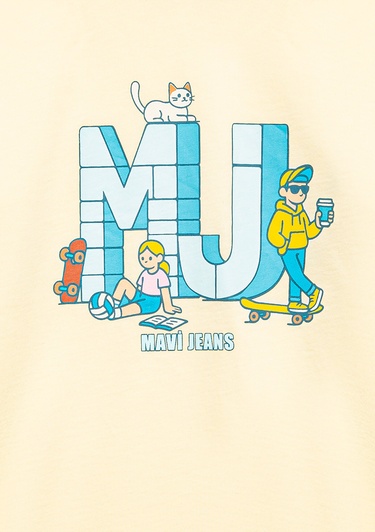  Mavi MJ Logo Baskılı Sarı Tişört Loose Fit / Bol Rahat Kesim 7610431-89143