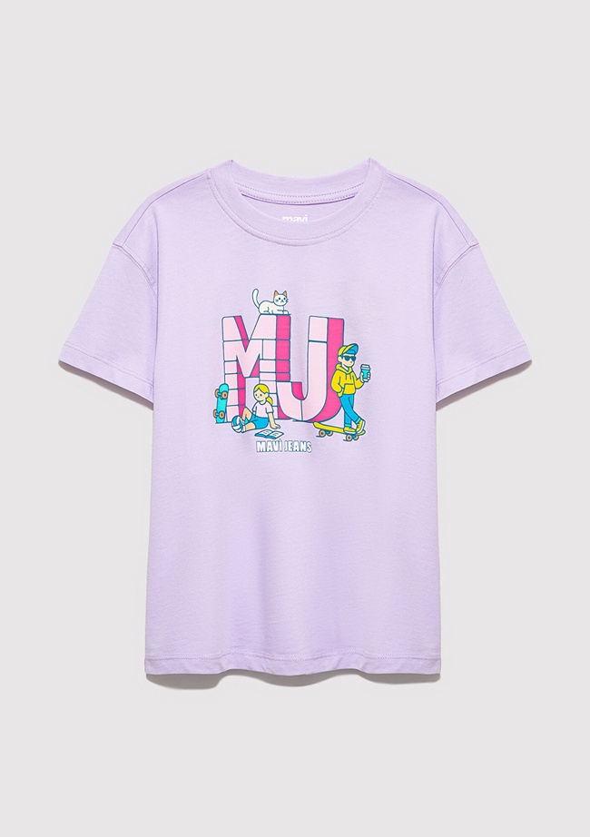  Mavi MJ Logo Baskılı Mor Tişört Loose Fit / Bol Rahat Kesim 7610431-70519