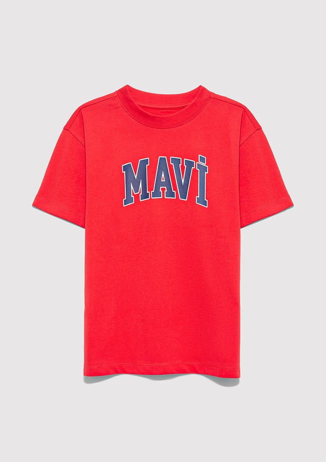  Mavi Mavi Logo Baskılı Kırmızı Tişört Loose Fit / Bol Rahat Kesim 6610418-70478
