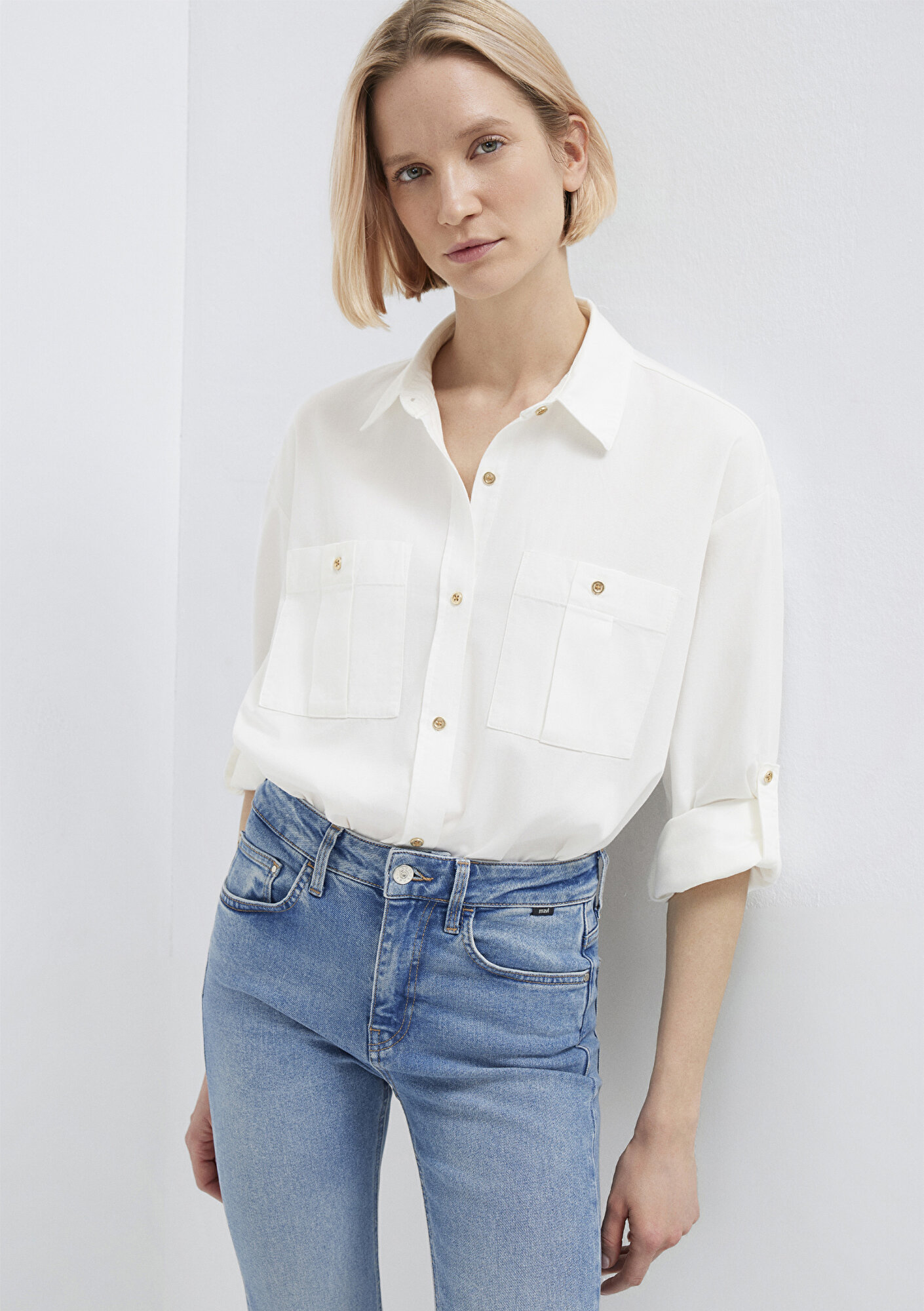  Mavi Ekru Gömlek Loose Fit / Bol Rahat Kesim 1211383-70057