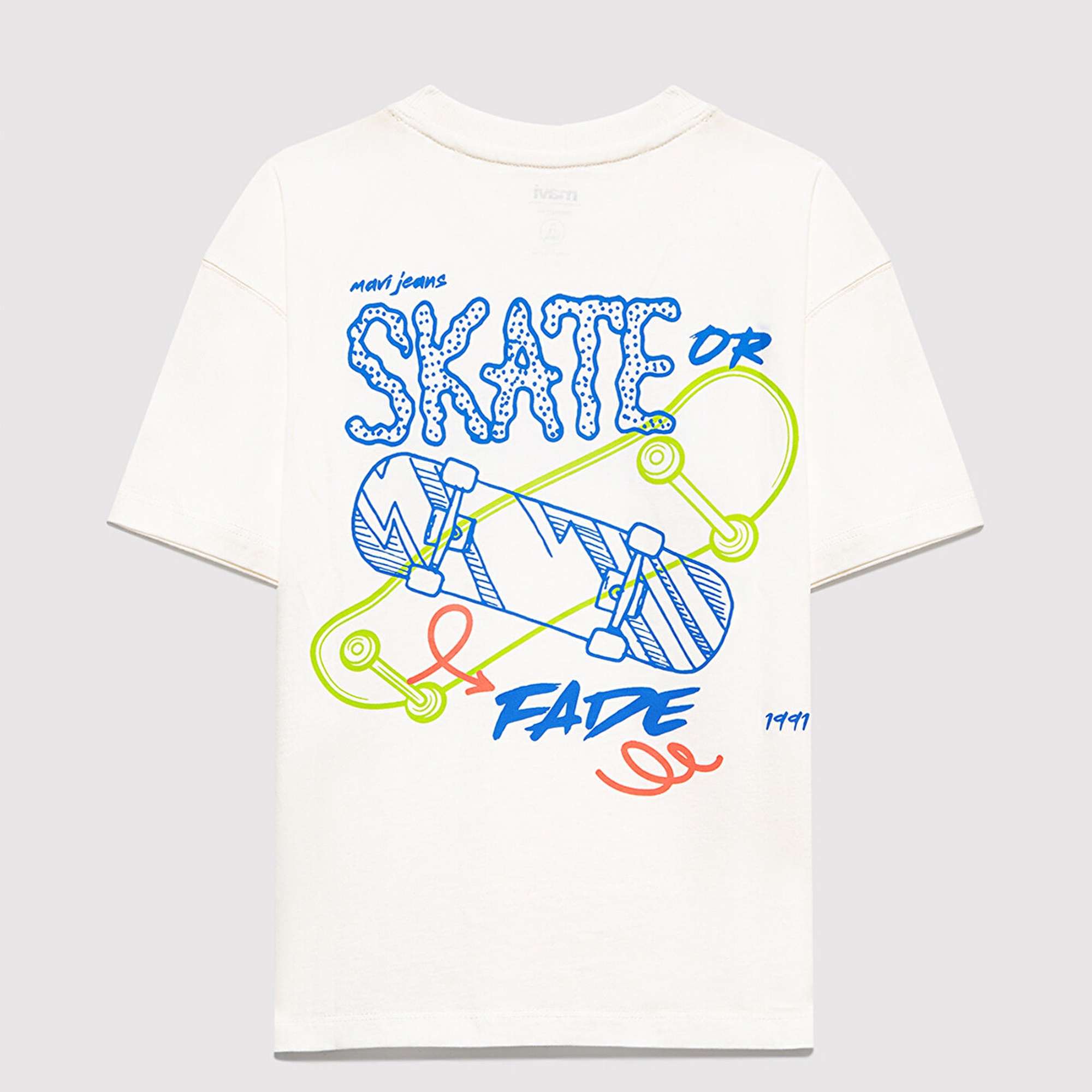 Mavi Baskılı Ekru Tişört Oversize / Geniş Kesim 6610450-70057