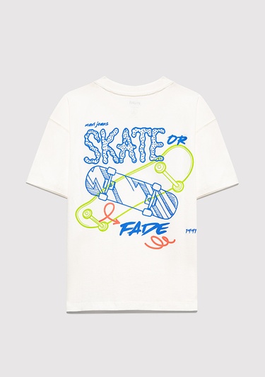  Mavi Baskılı Ekru Tişört Oversize / Geniş Kesim 6610450-70057