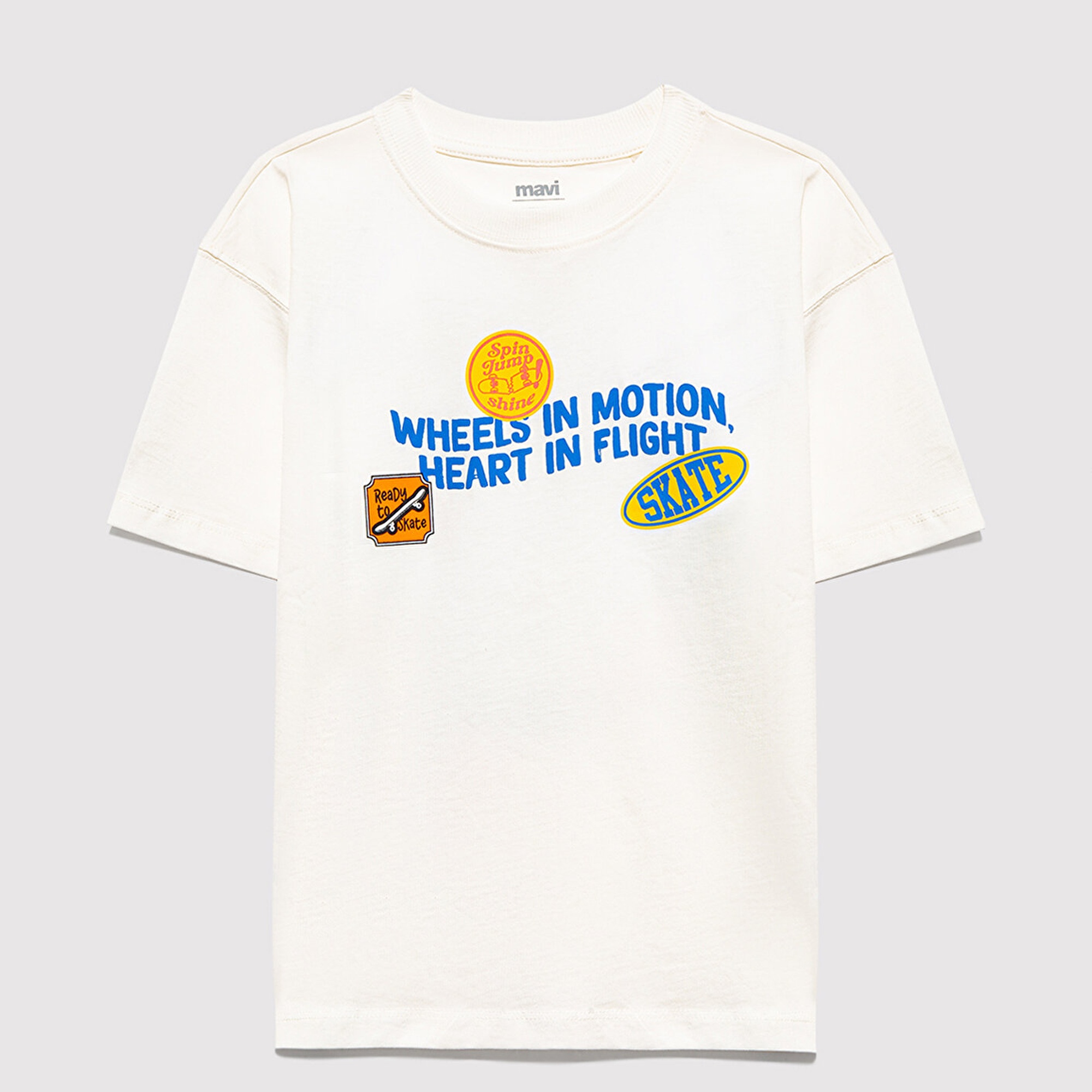 Mavi Baskılı Ekru Tişört Oversize / Geniş Kesim 6610450-70057