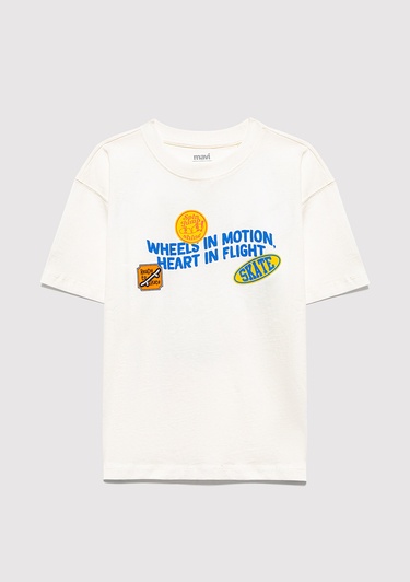  Mavi Baskılı Ekru Tişört Oversize / Geniş Kesim 6610450-70057