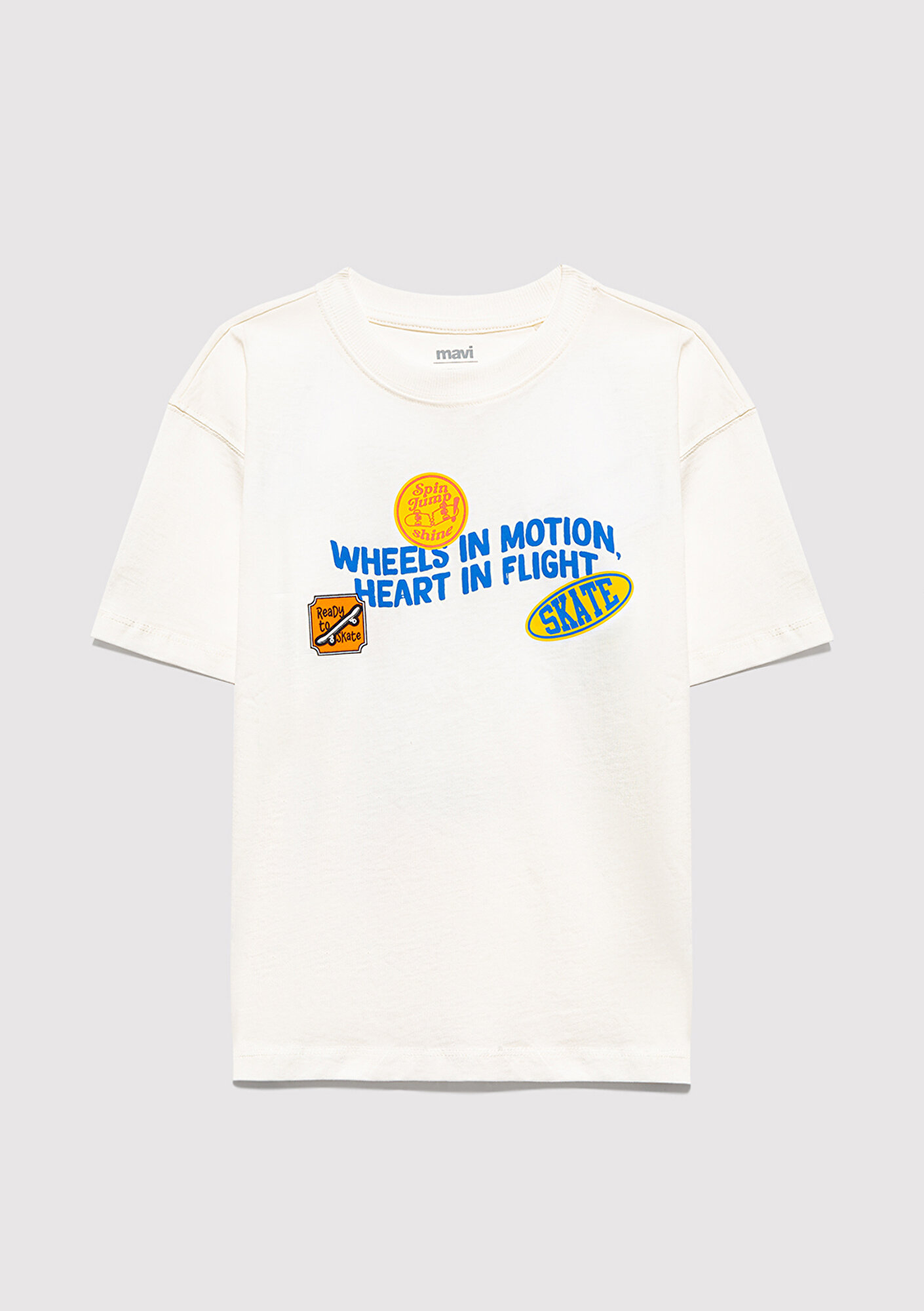  Mavi Baskılı Ekru Tişört Oversize / Geniş Kesim 6610450-70057