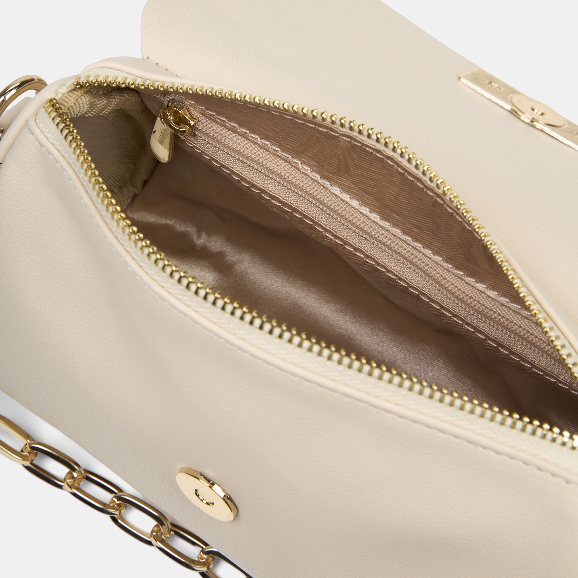 Kadın Ekru Gold Zincir Detaylı El ve Omuz Çantası