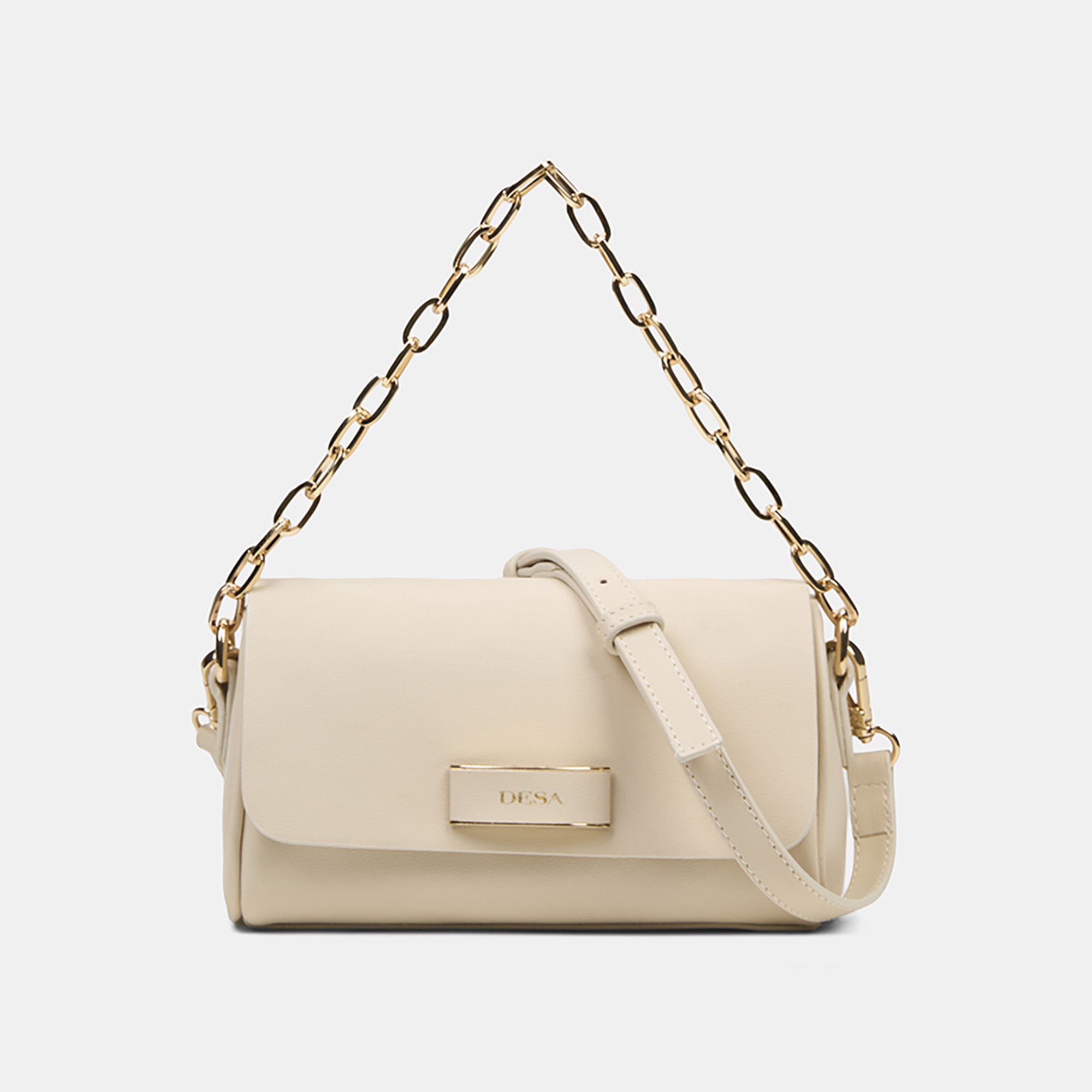 Kadın Ekru Gold Zincir Detaylı El ve Omuz Çantası