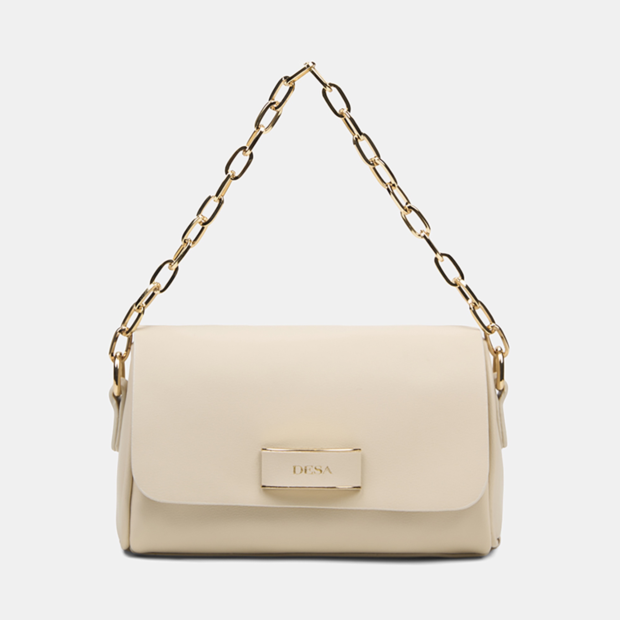 Kadın Ekru Gold Zincir Detaylı El ve Omuz Çantası