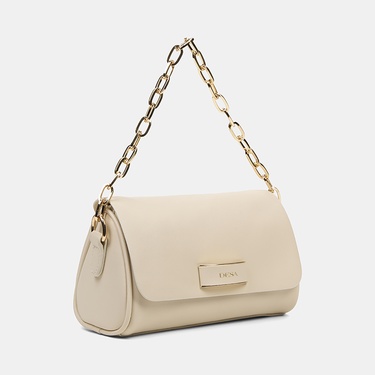  Kadın Ekru Gold Zincir Detaylı El ve Omuz Çantası